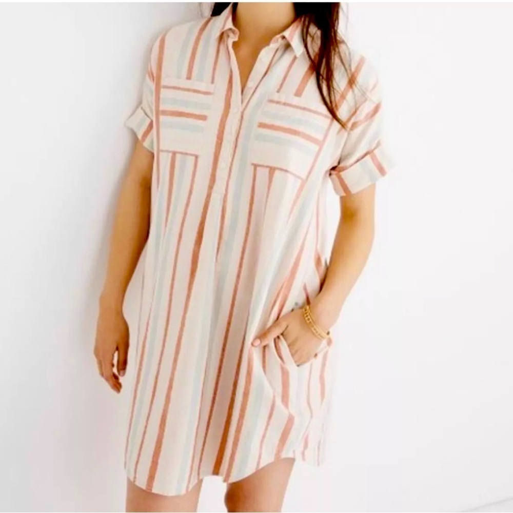 Madewell Sasha Shirt Dress Linen Cotton Blend Stripe Popover Size M